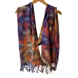 Bohemian Abstract Purple & Orange Printed Long Neck Scarf With Fringe 74”x10.5”